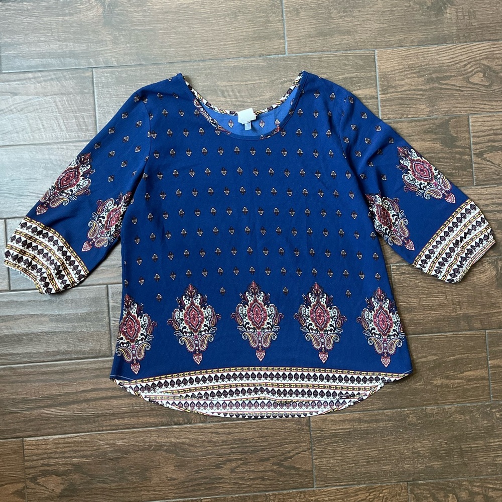 Blue floral mid sleeve blouse